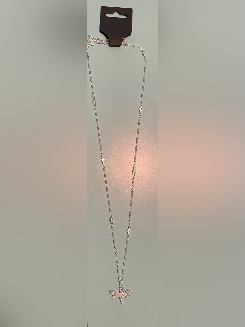 Long Silver Pave Dragonfly Pendant Crystal Station Necklace